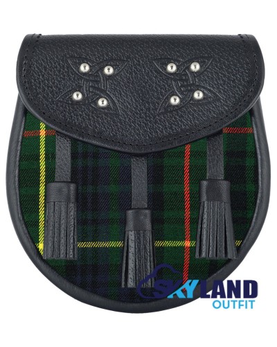 Black Leather Scottish Sporran with Clan Hunting Stewart Tartan