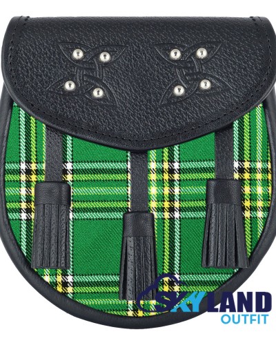 Black Leather Scottish Sporran with Clan Irish Heritage Tartan