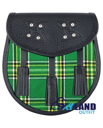 Black Leather Scottish Sporran with Clan Irish Heritage Tartan