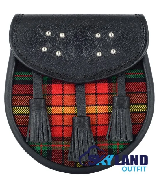Black Leather Scottish Sporran with Clan LGBTQ Pride Tartan Black Leather Scottish Sporran with Clan LGBTQ Pride Tartan