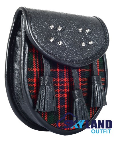 Black Leather Scottish Sporran with Clan Macdonald Tartan Black Leather Scottish Sporran with Clan Macdonald Tartan