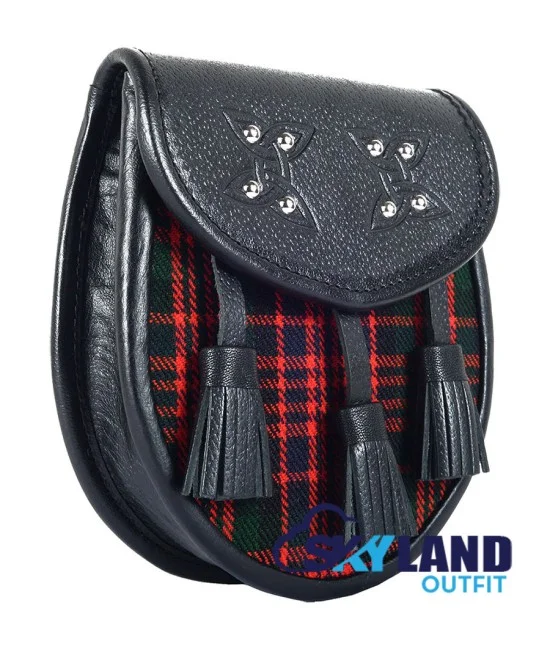 Black Leather Scottish Sporran with Clan Macdonald Tartan Black Leather Scottish Sporran with Clan Macdonald Tartan