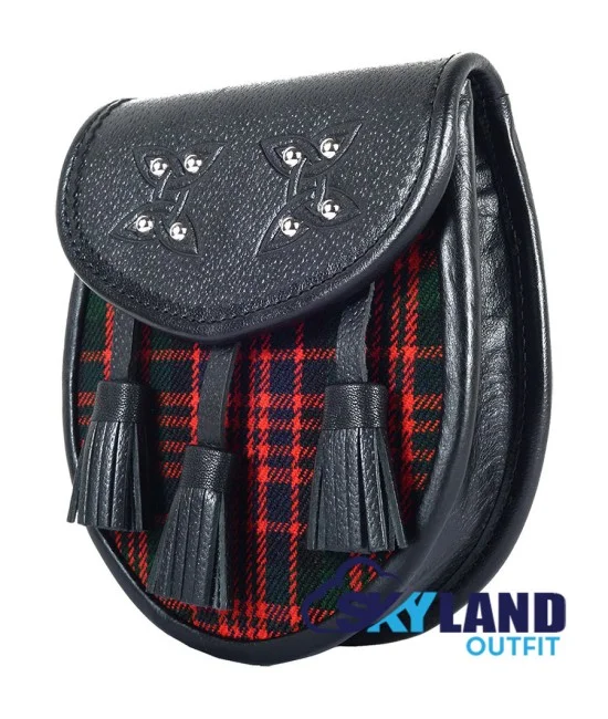 Black Leather Scottish Sporran with Clan Macdonald Tartan Black Leather Scottish Sporran with Clan Macdonald Tartan
