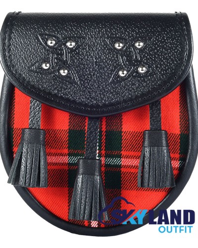 Black Leather Scottish Sporran with Clan MacGregor Tartan
