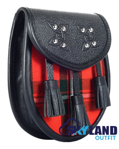 Black Leather Scottish Sporran with Clan MacGregor Tartan Black Leather Scottish Sporran with Clan MacGregor Tartan