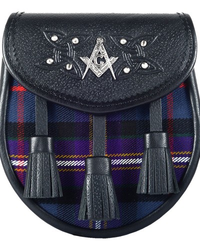 Black Leather Scottish Sporran with Clan Masonic Tartan