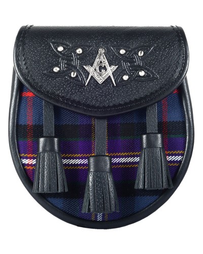 Black Leather Scottish Sporran with Clan Masonic Tartan