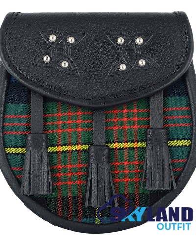 Black Leather Scottish Sporran with Clan Muir Tartan