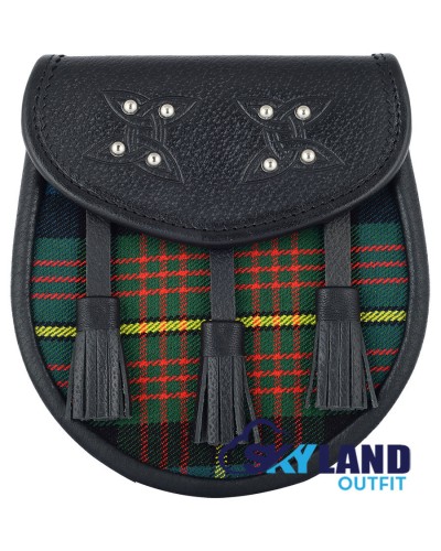 Black Leather Scottish Sporran with Clan Muir Tartan