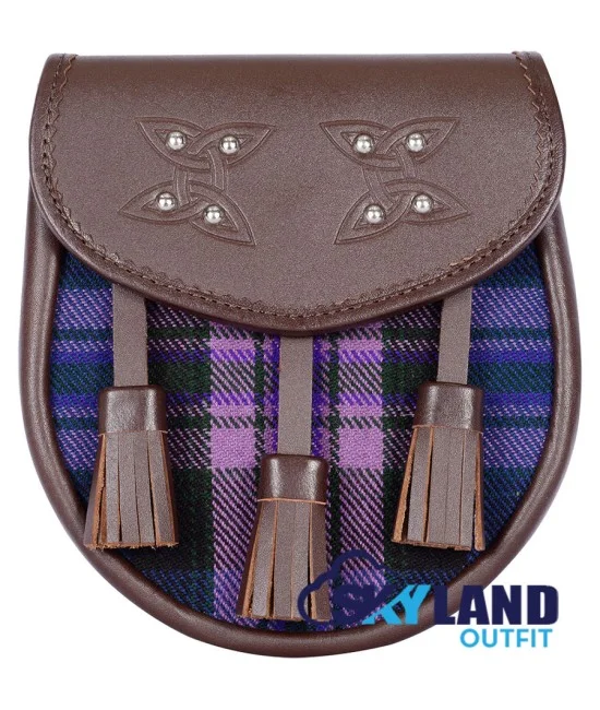 Brown Leather Sporran with Clan Pride of Scotland Tartan