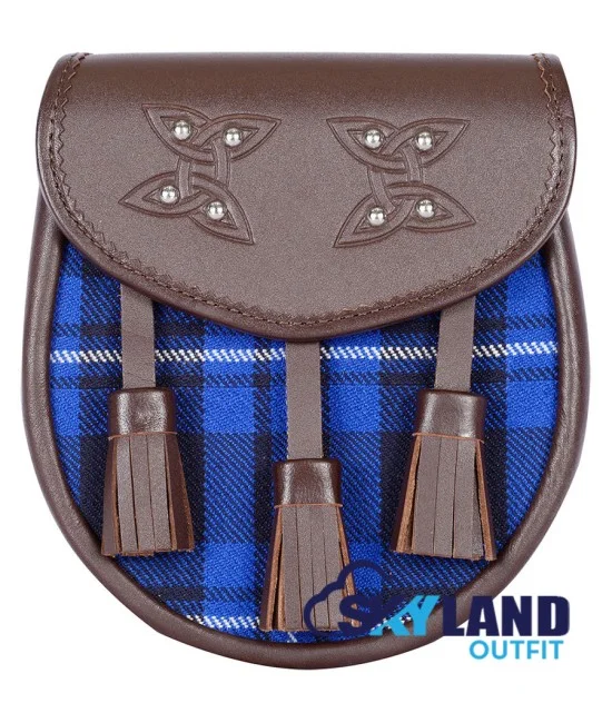 Brown Leather Scottish Sporran with Clan Ramsey Blue Tartan