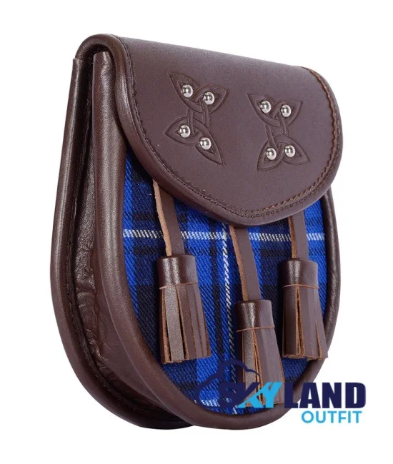 Brown Leather Scottish Sporran with Clan Ramsey Blue Tartan