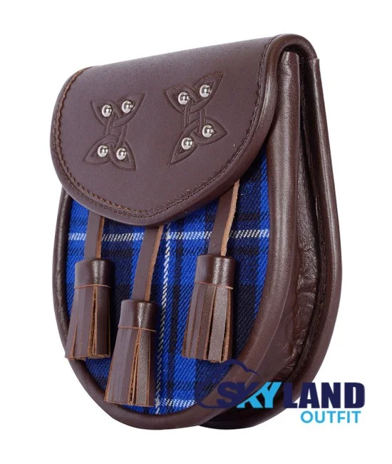 Brown Leather Scottish Sporran with Clan Ramsey Blue Tartan