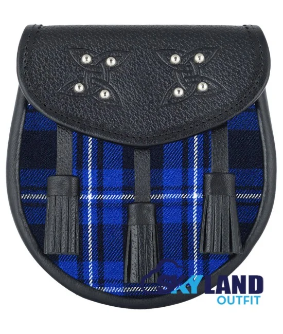 Brown Leather Scottish Sporran with Clan Ramsey Blue Tartan