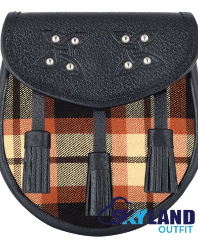 Black Leather Scottish Sporran with Clan Rose Ancient Tartan