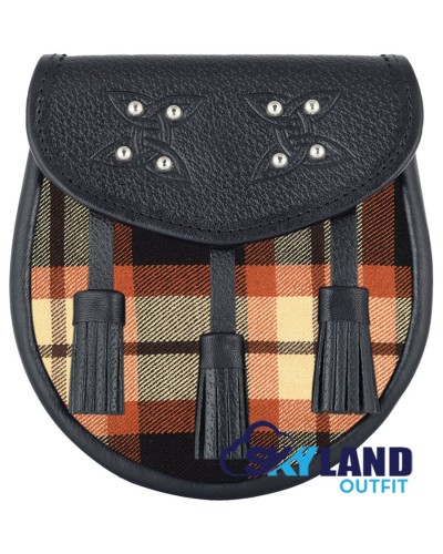 Black Leather Scottish Sporran with Clan Rose Ancient Tartan