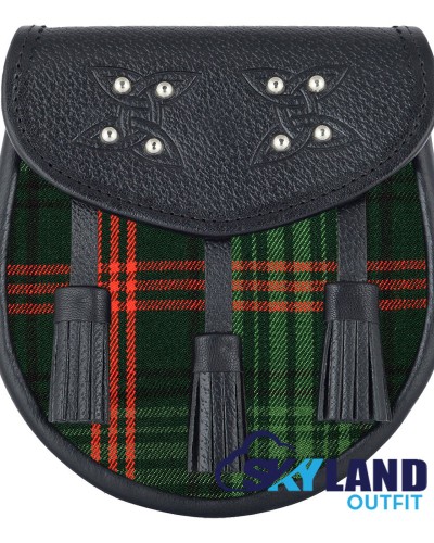 Black Leather Sporran with Clan Ross Hunting Modern Tartan