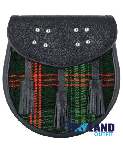 Black Leather Sporran with Clan Ross Hunting Modern Tartan