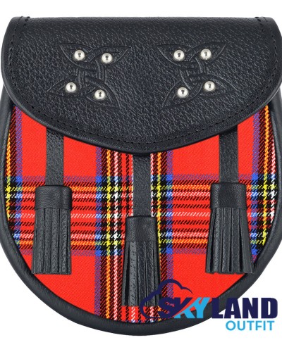 Brown Leather Scottish Sporran with Clan Royal Stewart Tartan Brown Leather Scottish Sporran with Clan Royal Stewart Tartan