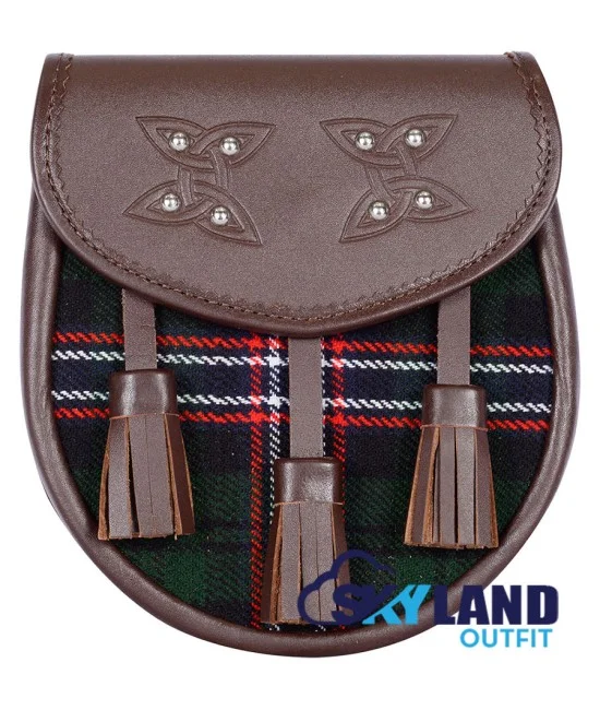 Brown Leather Scottish Sporran with Clan Scottish National Tartan Brown Leather Scottish Sporran with Clan Scottish National Tartan