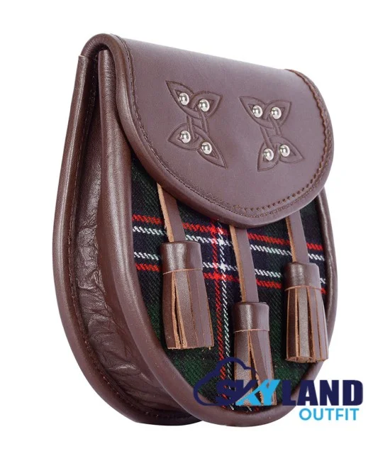 Brown Leather Scottish Sporran with Clan Scottish National Tartan Brown Leather Scottish Sporran with Clan Scottish National Tartan