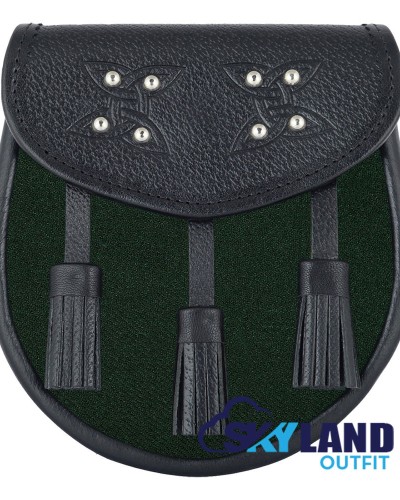 Black Leather Scottish Sporran with Clan Solid Green Tartan
