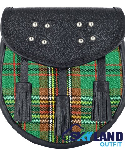 Black Leather Scottish Sporran with Clan Tara Murphy Tartan