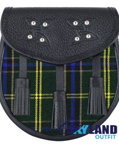 Black Leather Scottish Sporran with Clan US Army Tartan