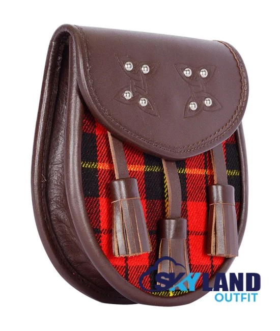 Brown Leather Scottish Sporran with Clan Wallace Tartan Brown Leather Scottish Sporran with Clan Wallace Tartan