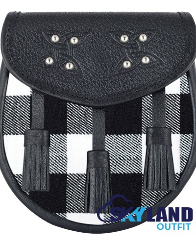 Black Leather Scottish Sporran with White, Black Rob Roy Tartan