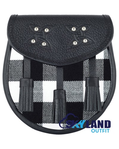 Black Leather Scottish Sporran with White, Black Rob Roy Tartan
