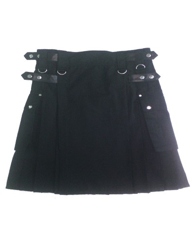 Black Cotton Utility Kilt | Ladies Leather Strap Kilt