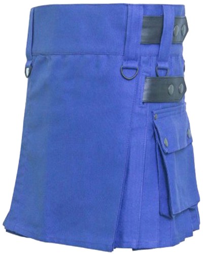 Blue Cotton Utility Kilt | Ladies Leather Strap Kilt Blue Cotton Utility Kilt | Ladies Leather Strap Kilt
