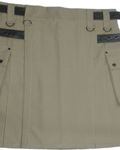 Khaki Cotton Utility Kilt | Ladies Leather Strap Kilt