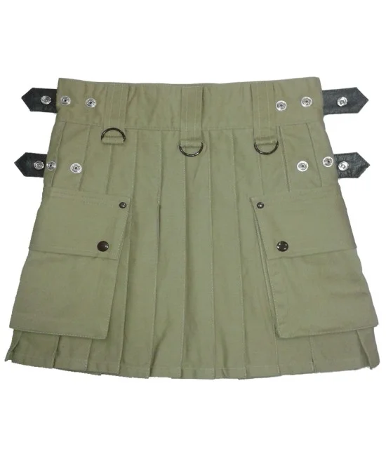 Ladies Utility Olive Green Cotton Kilt with adjustable Leather Straps
