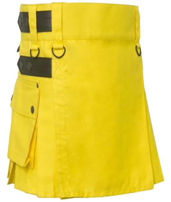 Ladies Utility Yellow Cotton Kilt with adjustable Leather Straps Ladies Utility Yellow Cotton Kilt with adjustable Leather Straps