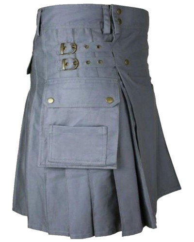 Women Grey Utility Cotton Kilt with Four Cargo Pockets  