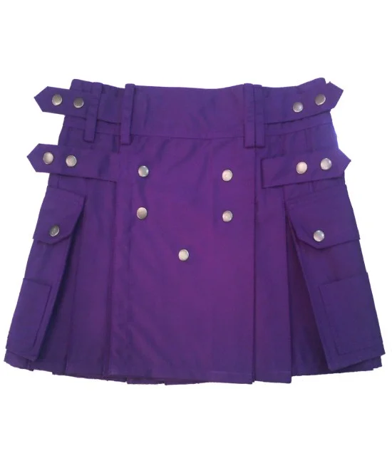 Ladies Purple Cotton Utility Kilt | Kilted Skirt with Four Cargo Pockets and Front Buttons Ladies Purple Cotton Utility Kilt | Kilted Skirt with Four Cargo Pockets and Front Buttons