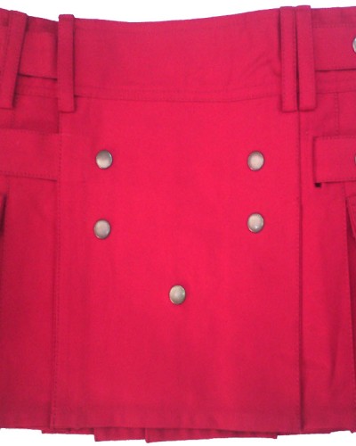 Ladies Red Cotton Utility Kilt | Women Kilted Skirt with Four Cargo Pockets and Front Buttons