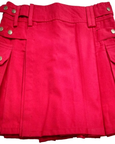 Ladies Red Cotton Utility Kilt | Women Kilted Skirt with Four Cargo Pockets