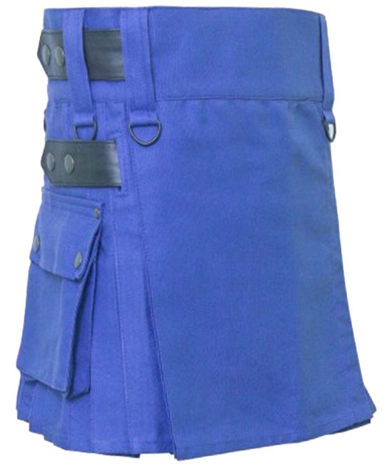 Ladies Utility Blue Cotton Kilt with adjustable Leather Straps