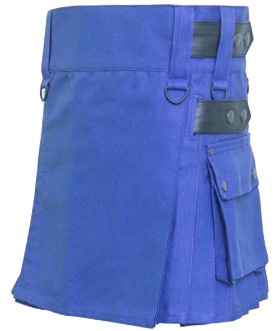 Ladies Utility Blue Cotton Kilt with adjustable Leather Straps