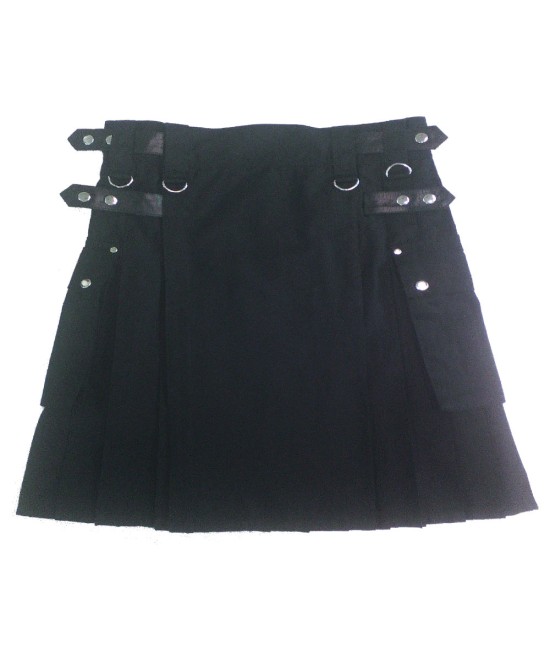 Ladies Utility Black Cotton Kilt with adjustable Leather Straps