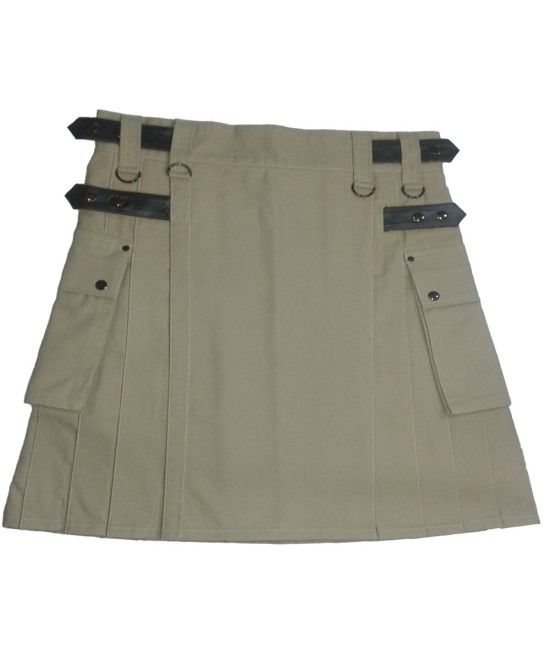 Ladies Utility Khaki Cotton Kilt with adjustable Leather Straps