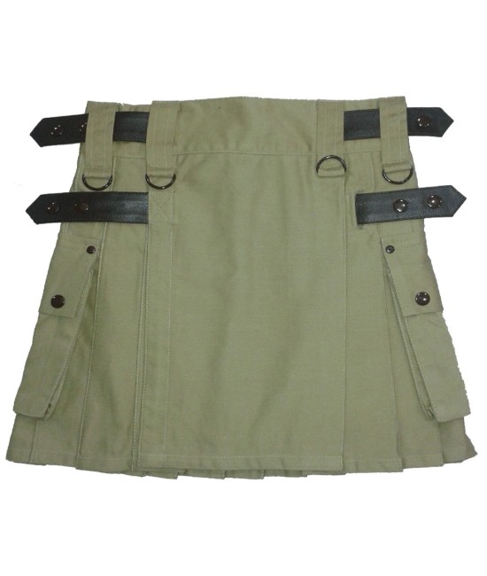 Ladies Utility Olive Green Cotton Kilt with adjustable Leather Straps