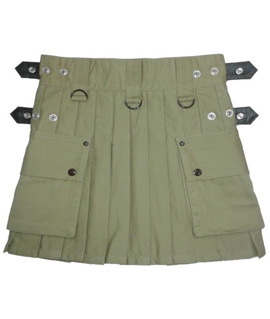 Ladies Utility Olive Green Cotton Kilt with adjustable Leather Straps