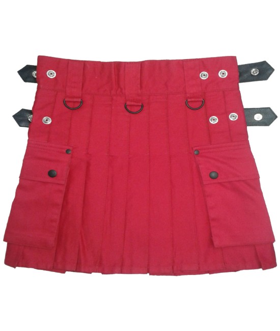 Ladies Utility Red Cotton Kilt with adjustable Leather Straps