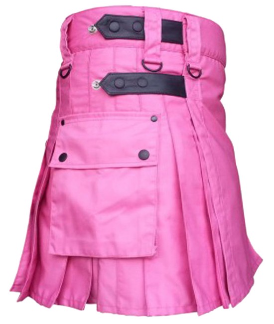 Ladies Pink Utility Cotton Kilt with adjustable Leather Straps