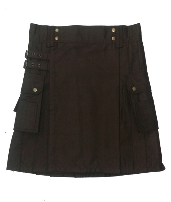 Ladies Chocolate Brown Utility Cotton Kilt with Cargo Pockets  