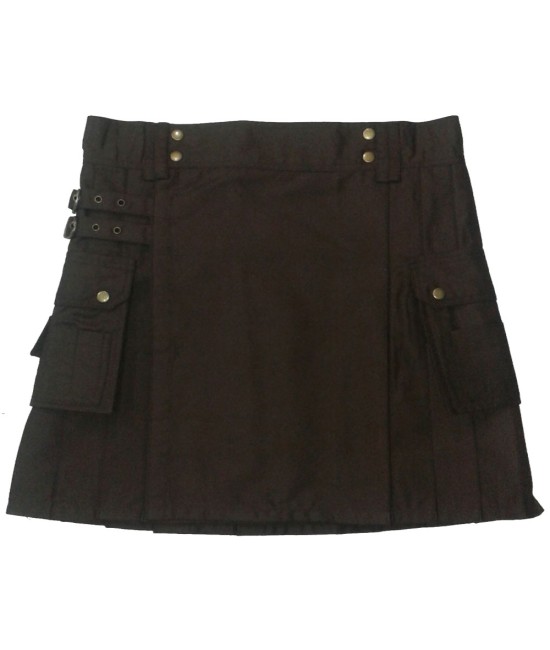 Ladies Chocolate Brown Utility Cotton Kilt with Cargo Pockets  